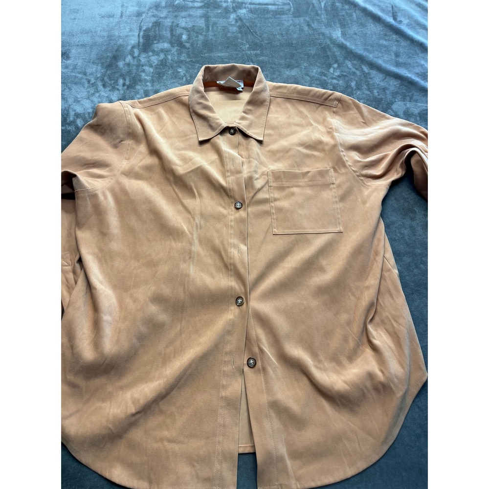 Talbots Womens Medium Camel Tan Faux Suede Button Down Shirt Long Sleeve